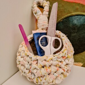 Recycled fabric crochet small hanging basket | Home decor | Home storage | Plant hanger | Peg bag image 3