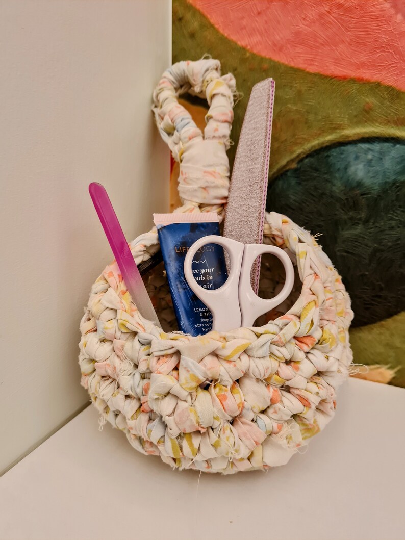 Recycled fabric crochet small hanging basket | Home decor | Home storage | Plant hanger | Peg bag image 3