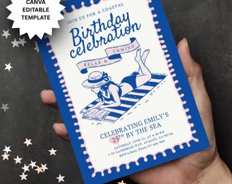 Coastal Birthday Invitation Template | Boho Beach Theme | Editable Digital Download | Canva Template