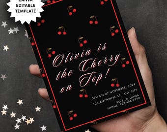 Cherry Birthday Invitation Template: Retro Summer Party, Editable Canva Design (Digital Download)