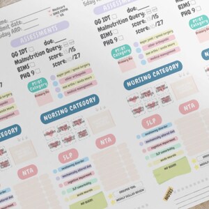 K&ouml;nnte beinhalten: Ein detailliertes, pastellfarbenes Bewertungsblatt mit Abschnitten f&uuml;r Patienteninformationen, Bewertungen und Pflegekategorien. Das Blatt enth&auml;lt Text wie "GG IDT", "Malnutrition Query" und "Nursing Category".