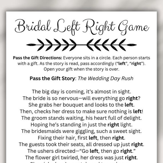 Bridal Shower Left Right Game Pass The Present Poem Printable Pass The Gift Pass the Parcel Bridal Shower Party Games