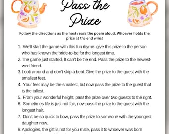Pass the Prize Bridal Shower Game Tea Party Bridal Shower Prize Rhyme Game Pass the Gift Poem Fun Bridal Shower Activities Party Games