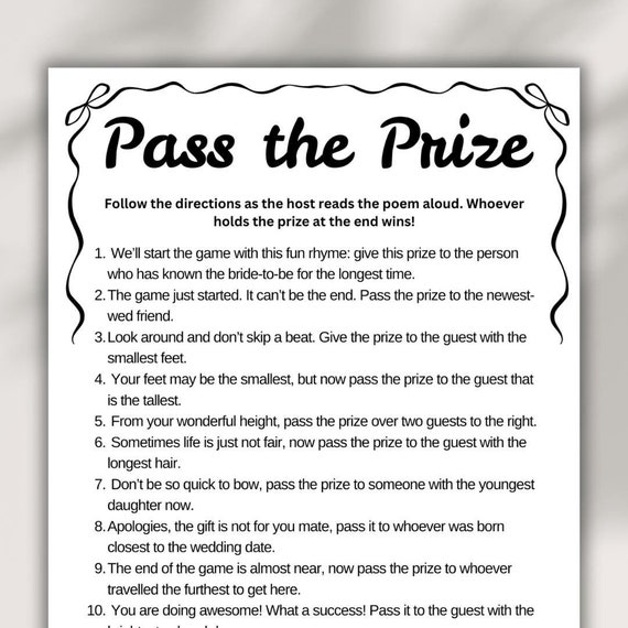Pass the Prize Bridal Shower Game Bow Bridal Shower Prize Rhyme Game Pass the Gift Poem Fun Bridal Shower Activities Party Games