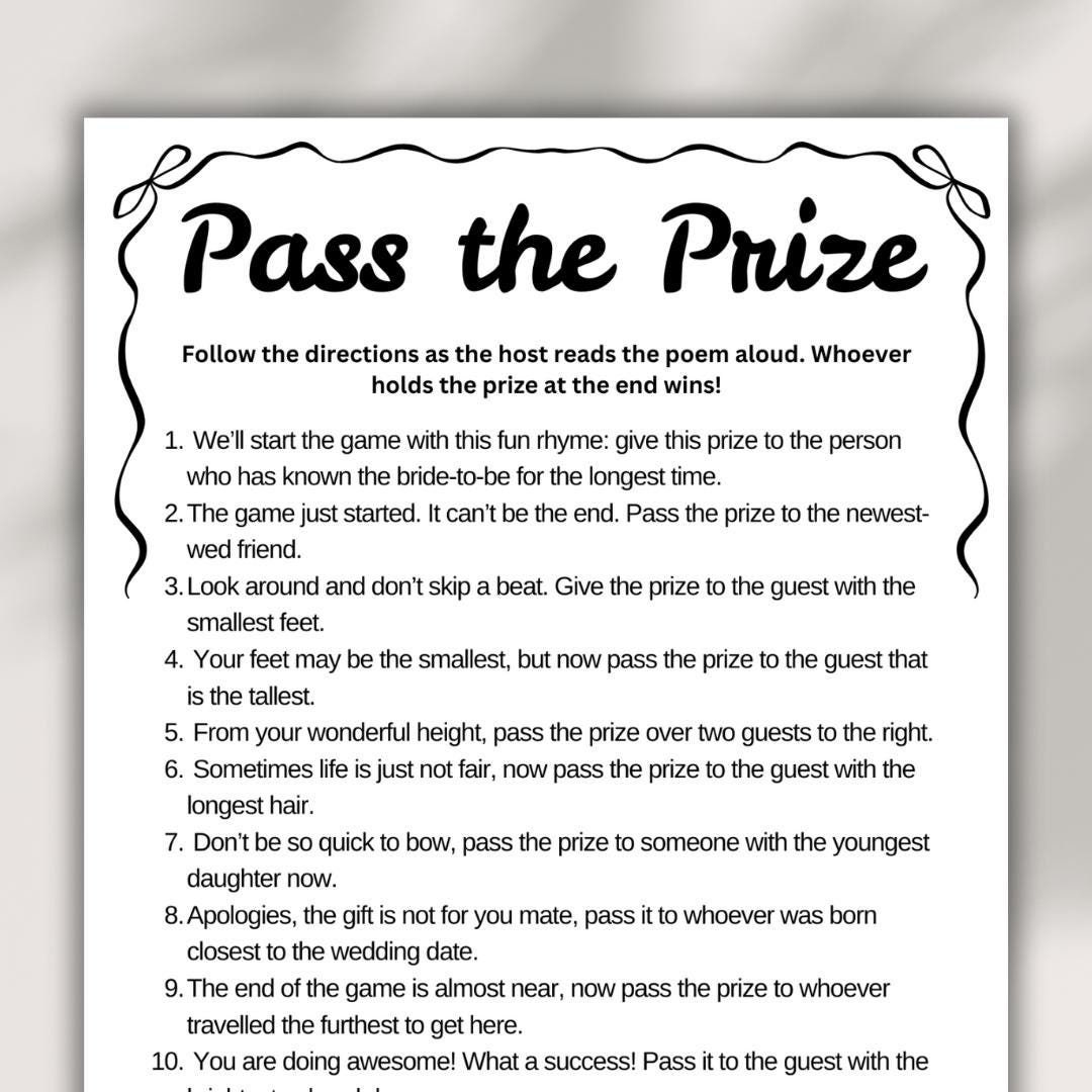 Pass the Prize Bridal Shower Game Bow Bridal Shower Prize Rhyme Game Pass the Gift Poem Fun Bridal Shower Activities Party Games