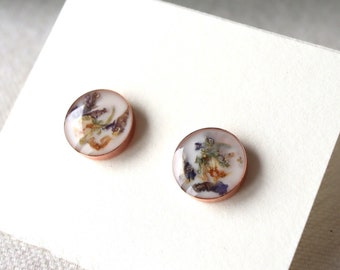 Round Floral Studs with Rose-gold or Sterling Silver| Rose Gold Jewelry | Gold-filled Earrings | Pressed Flower Jewelry by Wild Blue Yonder