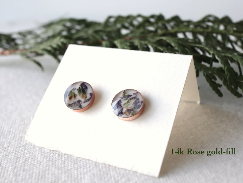 Round Floral Studs with Rose-gold or Sterling Silver Rose Gold Jewelry Gold-filled Earrings Pressed Flower Jewelry by Wild Blue Yonder 14k Rose Goldfill