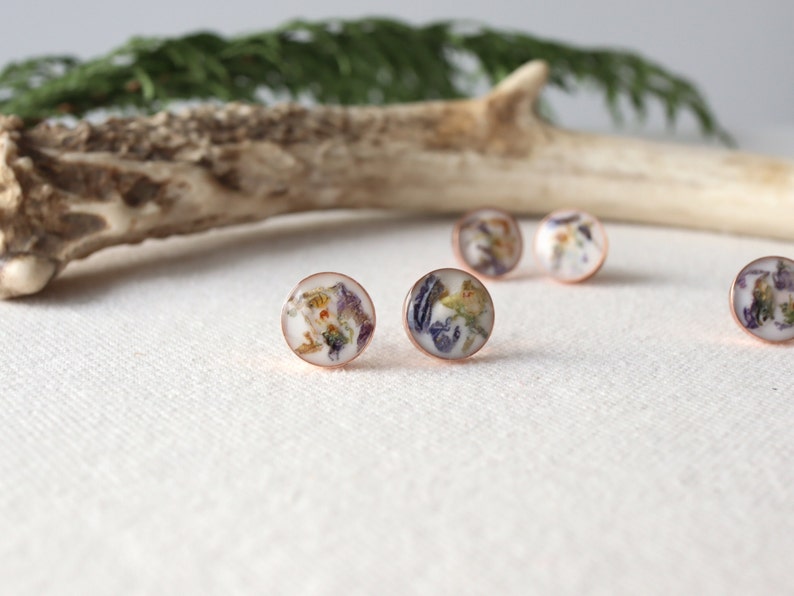 Round Floral Studs with Rose-gold or Sterling Silver Rose Gold Jewelry Gold-filled Earrings Pressed Flower Jewelry by Wild Blue Yonder image 6