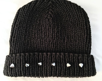 Black Spike Studded Cuffed Beanie, Skull Cap, Winter Hat