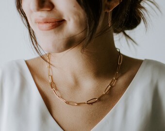 Gold Filled Retro Paperclip Layering Necklace l Layering Chain, Gold Paperclip Necklace, Paperclip Chain, Choker Stacking Necklace