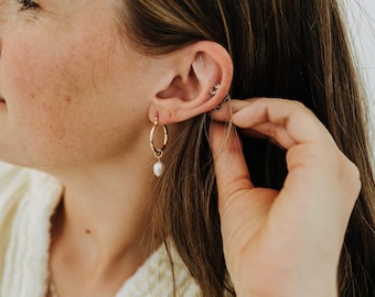 Freshwater Pearl Drop Hoop Earrings – 18K Gold Filled Huggies