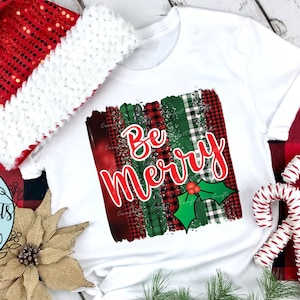 Be Merry sublimation design, Christmas, Happy Holidays, Holly leaves, Buffalo plaid, Red & Green Glitter, Instant download digital PNG file