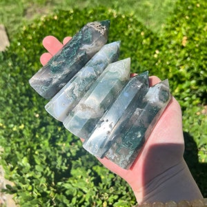 Moss Agate Tower | Natural moss agate point carving - shaped obelisk - polished stone medium green moss agate