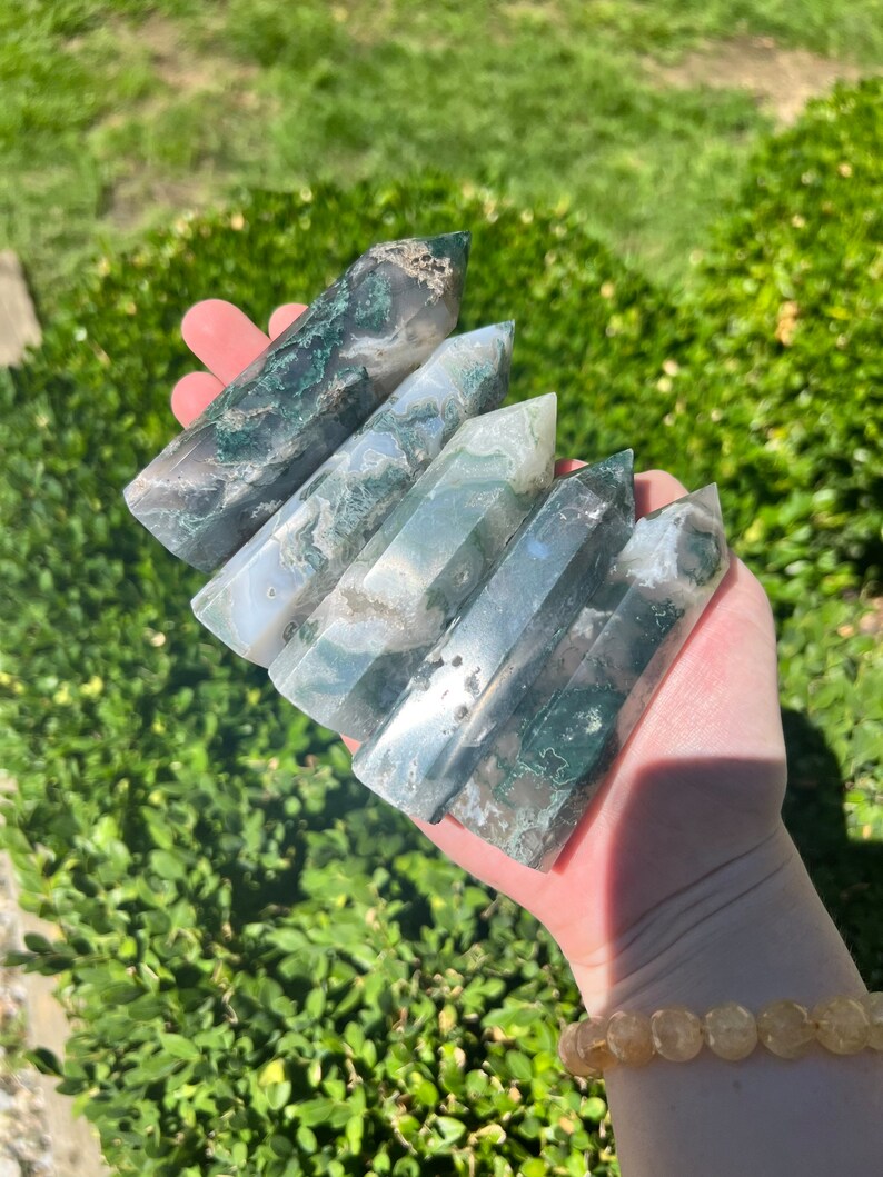 Moss Agate Tower | Natural moss agate point carving - shaped obelisk - polished stone medium green moss agate 