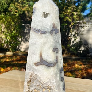 Giant Moss Agate Tower | Natural moss agate point carving - shaped obelisk - polished stone large green moss agate