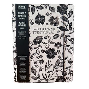 May include: A monthly planner with a black and white floral pattern on the cover. The text reads Orange Circle Studio, Monthly Planner, 17 Months, Agenda Mensuel, 17 Mois, Aug. 2026 to Dec. 2027, Août 2026 à Déc. 2027, and Two Thousand Twenty-Seven.