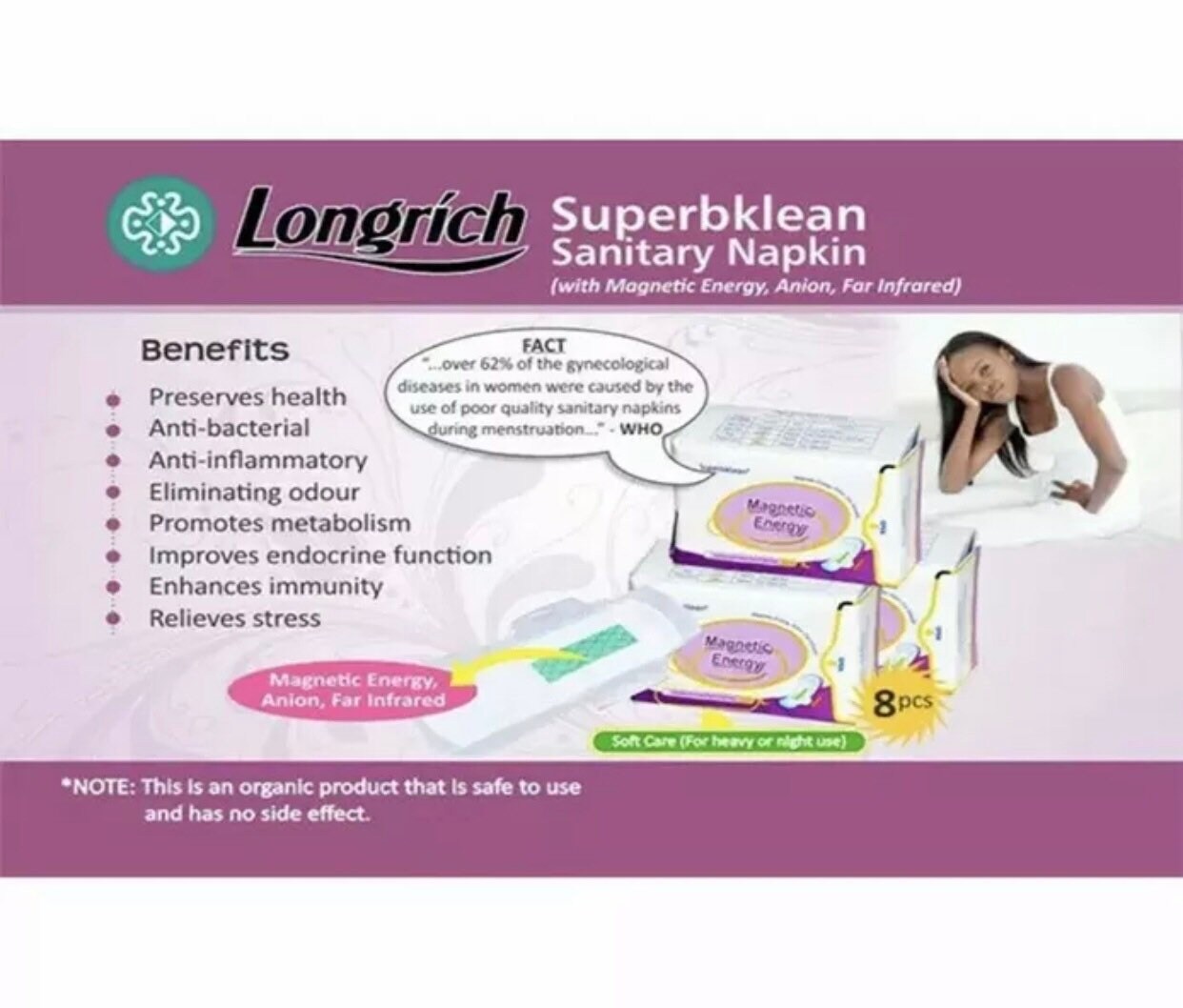 Longrich Sanitary Pad Energy Sanitary Napkin Night Use 3X 8pcs