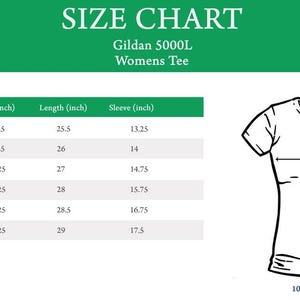 May include: Size chart for Gildan 5000L women's tee shirts. The chart shows sizes S through 3XL with measurements in inches for width, length, and sleeve.