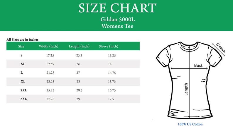 May include: Size chart for Gildan 5000L women's tee shirts. The chart shows sizes S through 3XL with measurements in inches for width, length, and sleeve.