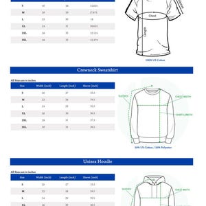 May include: Size chart for unisex t-shirts, crewneck sweatshirts, and hoodies. The chart shows measurements in inches for sizes S, M, L, XL, 2XL, and 3XL. The chart also includes information about the fabric composition of each garment.