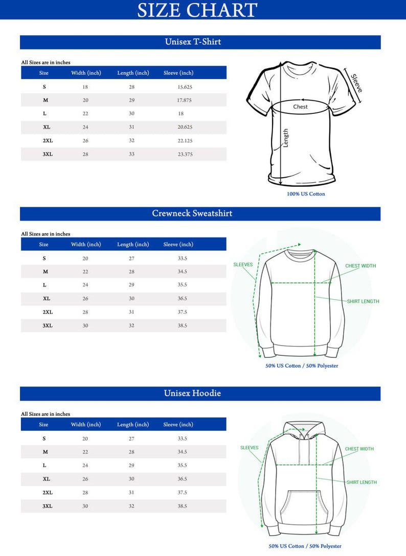 May include: Size chart for unisex t-shirts, crewneck sweatshirts, and hoodies. The chart shows measurements in inches for sizes S, M, L, XL, 2XL, and 3XL. The chart also includes information about the fabric composition of each garment.