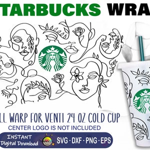 May include: A black and white line art design of a Starbucks logo and faces, with the text "Starbucks Wrap" at the top and "Full Warp for Venti 24 oz Cold Cup" and "Center Logo is not included" at the bottom. The design is for a reusable cup wrap.