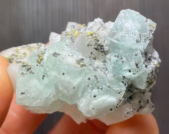 Light Green Cubic Fluorite with Doubly Terminated Quartz and Pyrite from Morocco - From Old Collection