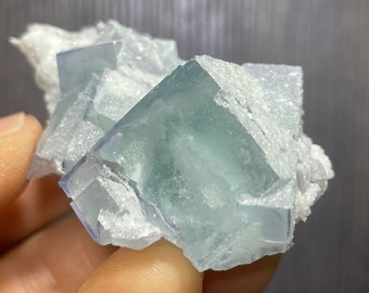 Lustrous Light Green/Blue Cubic Phantom Fluorite Crystals with Calcite From the Yaogangxian Mine in China