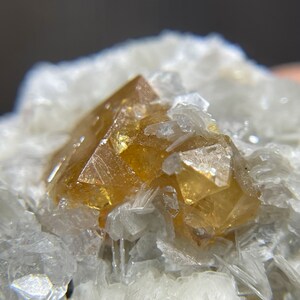 Cristaux de scheelite orange lustré sur moscovite de Chine