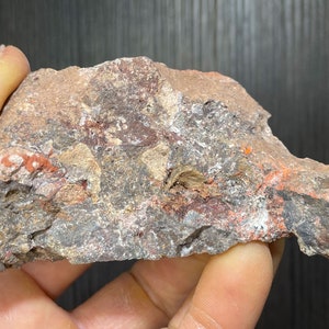 May include: A rough, irregularly shaped rock fragment with a mix of colors. The dominant hues are shades of gray, brown, and orange, with patches of red and white. The rock's surface appears textured and uneven.