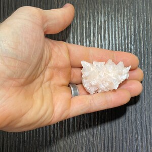 May include: A cluster of light pink selenite crystals, held in a hand. The crystals have a textured, layered appearance, with multiple points and facets. The selenite is a soft, translucent color.
