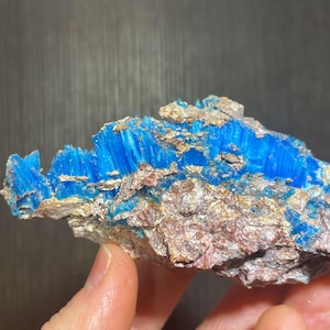May include: A vibrant blue mineral specimen with a fibrous structure. The crystal formation is a striking shade of bright blue, contrasting with the earthy brown and tan matrix. The mineral appears to be a natural, unpolished stone.