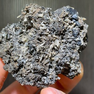 May include: A close-up of a mineral specimen featuring a matrix of dark gray and black minerals. The surface is covered with clusters of small, translucent, needle-like crystals, creating a textured appearance. The overall color palette is muted, with shades of gray and black.