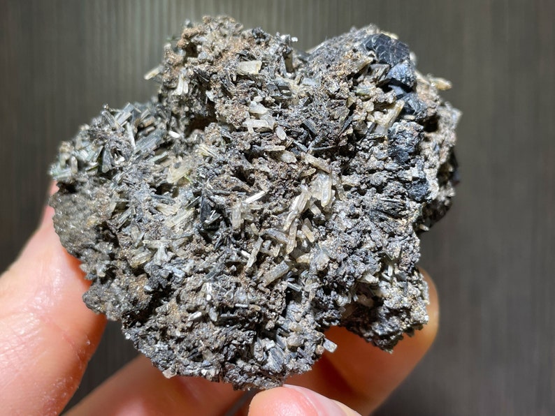 May include: A close-up of a mineral specimen featuring a matrix of dark gray and black minerals. The surface is covered with clusters of small, translucent, needle-like crystals, creating a textured appearance. The overall color palette is muted, with shades of gray and black.