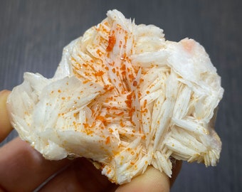 Red/Orange Vanadinite Crystals on Blades of White Barite from Morocco