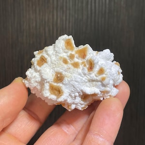 May include: A white and tan mineral specimen with a textured, porous surface. The mineral has a clustered, irregular shape, with areas of white and patches of tan and brown.