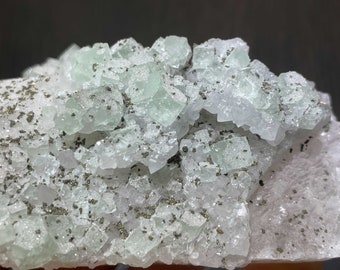 Fluorescent - Light Green/Mint Green Cubic Fluorite with Quartz, Pyrite and Calcite - From Old Collection