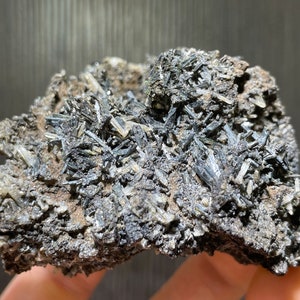 May include: A close-up of a mineral specimen featuring a cluster of dark, needle-like crystals. The crystals are primarily black and gray, with some lighter, translucent areas. The matrix is a mix of brown and gray, creating a textured appearance.