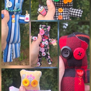 May include: A collage of handmade fabric dolls with button eyes and various patterns. One doll is blue and white striped, another is black and white checkered, and others feature floral and plaid designs. Each doll has unique button accents.