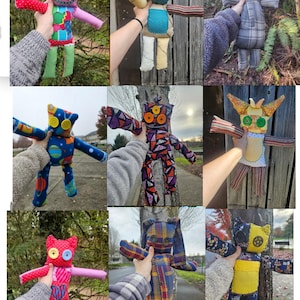 May include: Nine handmade plush toys made from different fabrics. Each toy has a unique design and features mismatched buttons for eyes. The toys are all different colors and patterns, including blue, green, red, yellow, and pink.