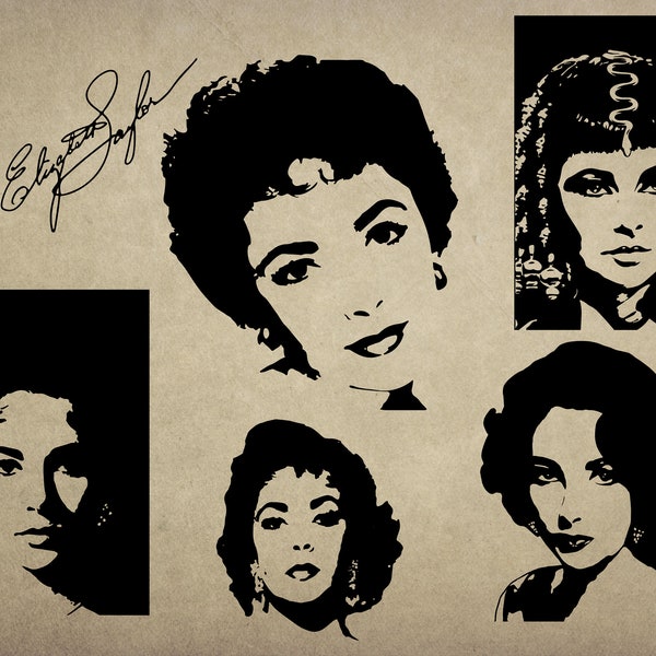 6 Digital SVG PNG JPG Elizabeth Taylor  silhouette, vector, clipart, instant download.  Room decor Wall Art print Liz Taylor fans