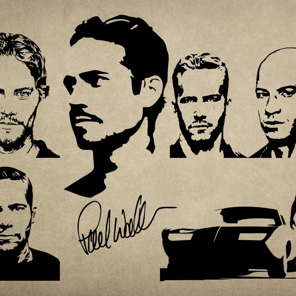 6 Digital SVG PNG JPG Paul Walker   silhouette, vector, clipart, instant download. Fast and Furious silhouette  Wall art decor