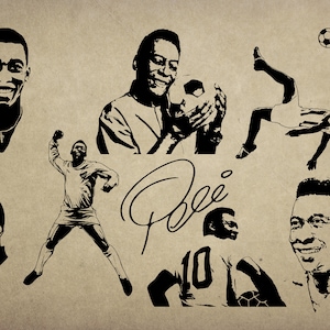 8 デジタル SVG PNG JPG ペレ、シルエット、ベクター、クリップアート、即時ダウンロード サッカー愛好家 ブラジルのサッカー選手ペレの白と黒のポスター