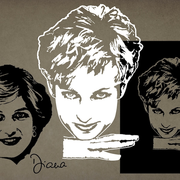 4 Digital SVG PNG JPG Lady Diana  silhouette, vector, clipart, instant download.   Wall art decor