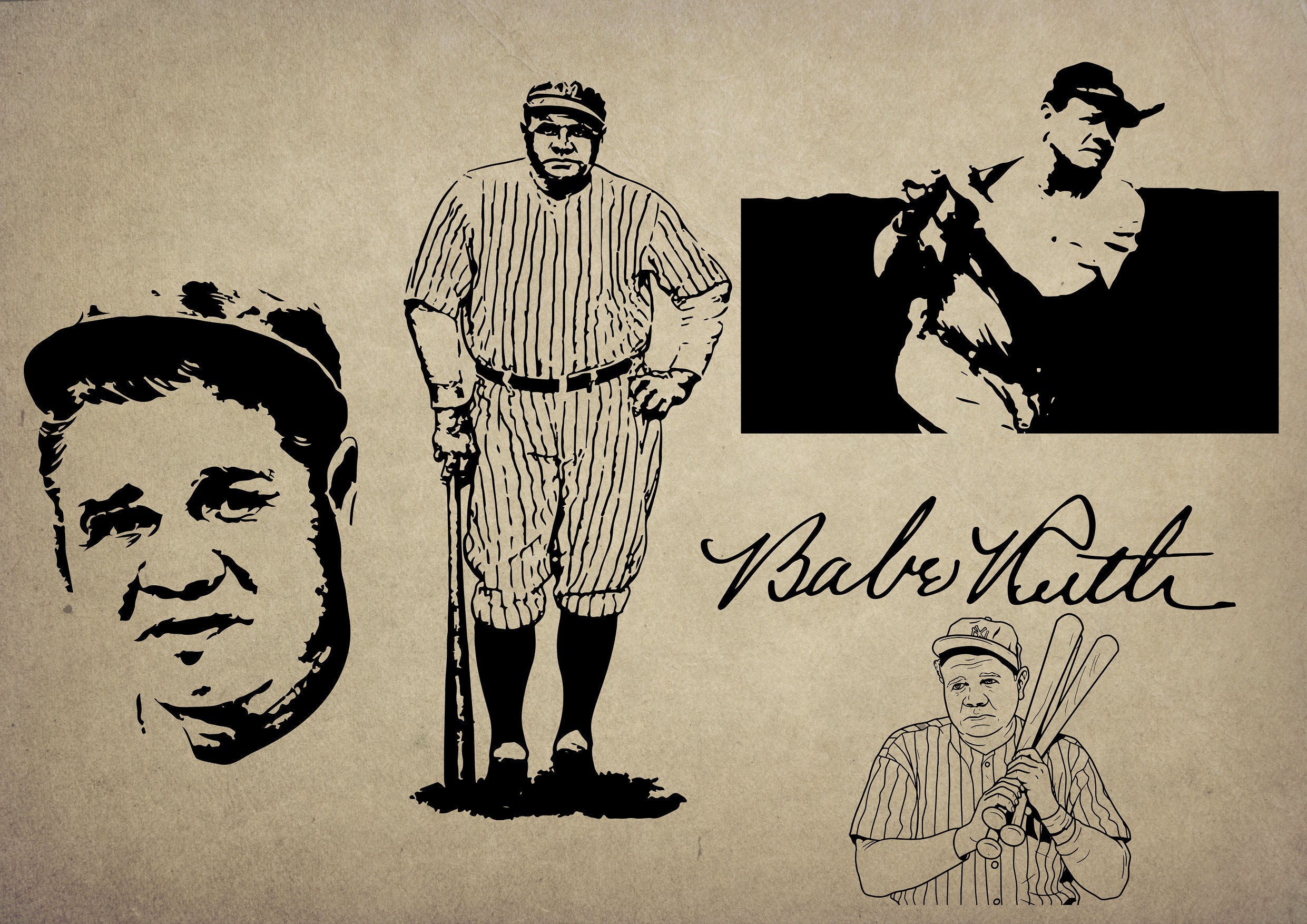 5 Digital SVG PNG JPG Babe Ruth , silhouette, vector, clipart, instant  download. Baseball legend Baseball Fans Man Cave