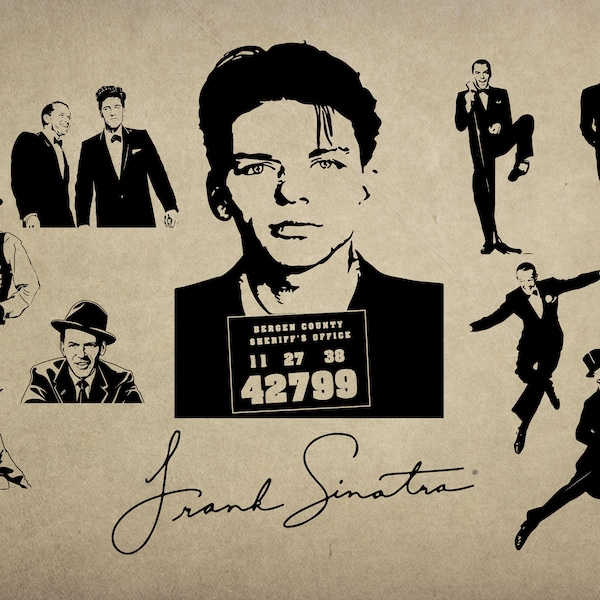 10 Digital SVG PNG JPG Frank Sinatra silhouette, vector, clipart, instant download. Music lovers T shirt design Singer autograph