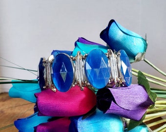 Blue and Silver Tone Beaded Stretch Bracelet