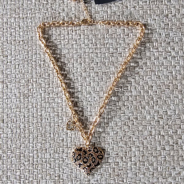 GUESS Cheetah Print Glitter Heart Necklace