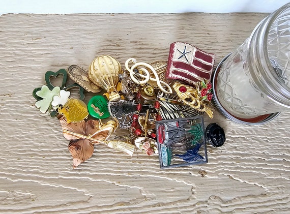 Mystery Jewelry Jar Full of Vintage to Now Brooch… - image 1