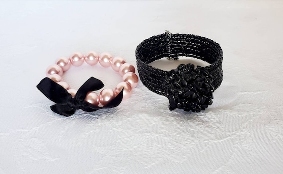 Cute Black and Pink Beaded Adjustable Bracelet Duo - image 2